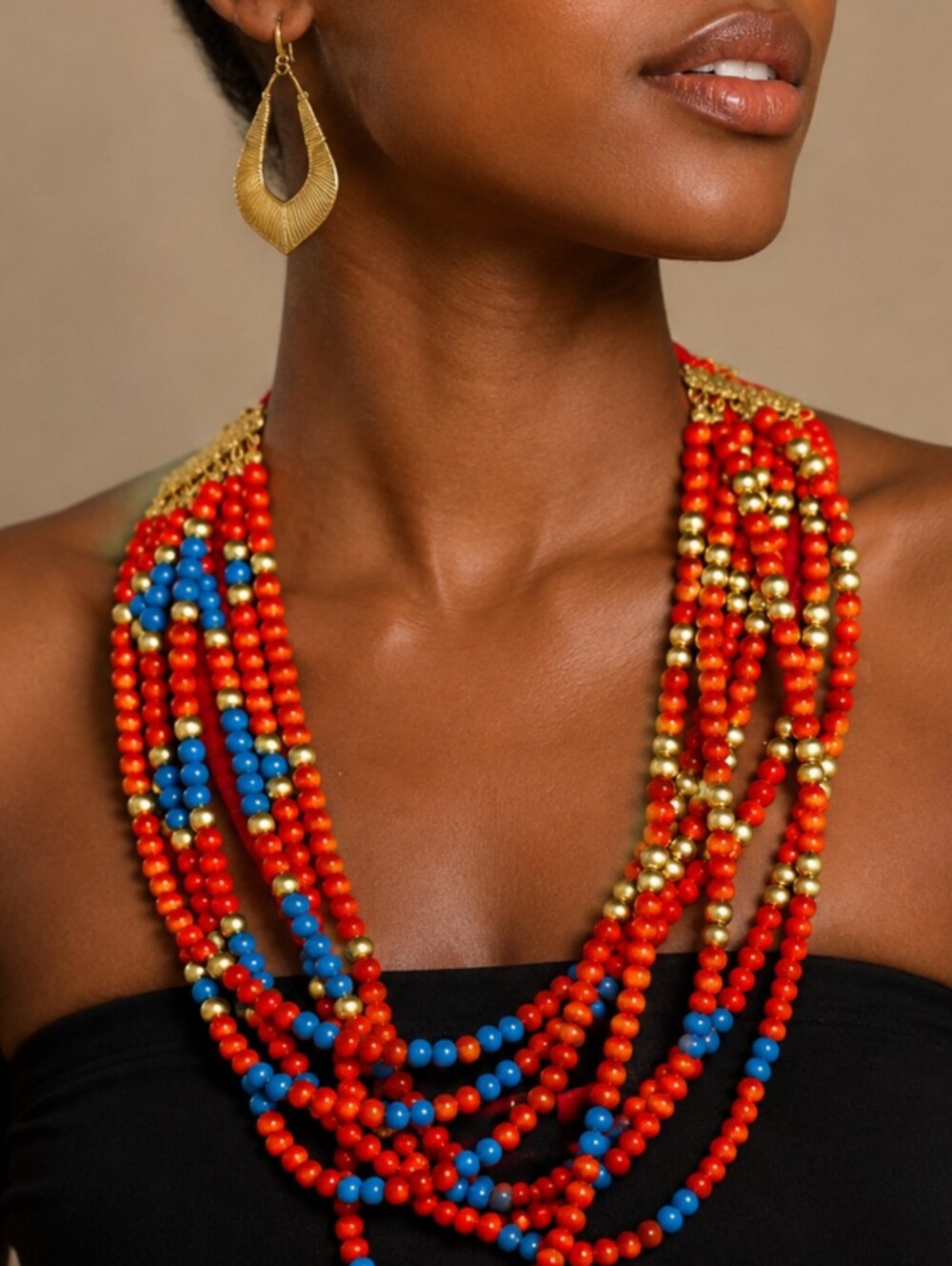 Alpha Multi-Strand Red, Blue & Gold Beaded Statement Necklace with earrings